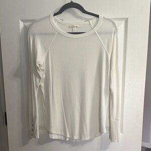 Long-Sleeve Ribbed Crewneck Top - White, w/Snap Sleeves